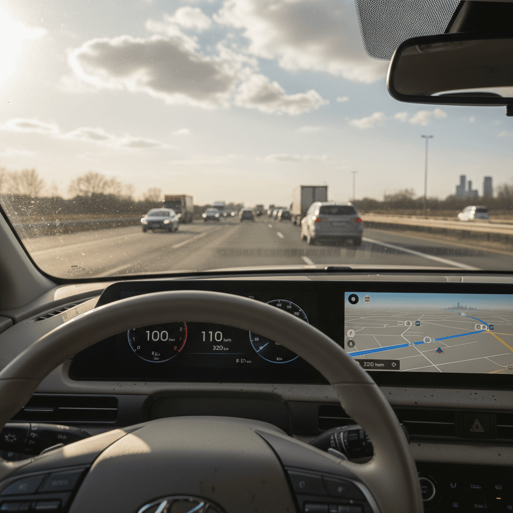 Driver’s view from inside a Hyundai IONIQ 5 cruising on the highway with the dual screens displaying navigation and energy use