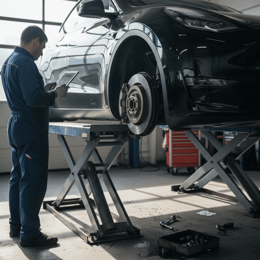 Tesla Model Y on a lift in a service bay while a technician inspects the suspension and tires