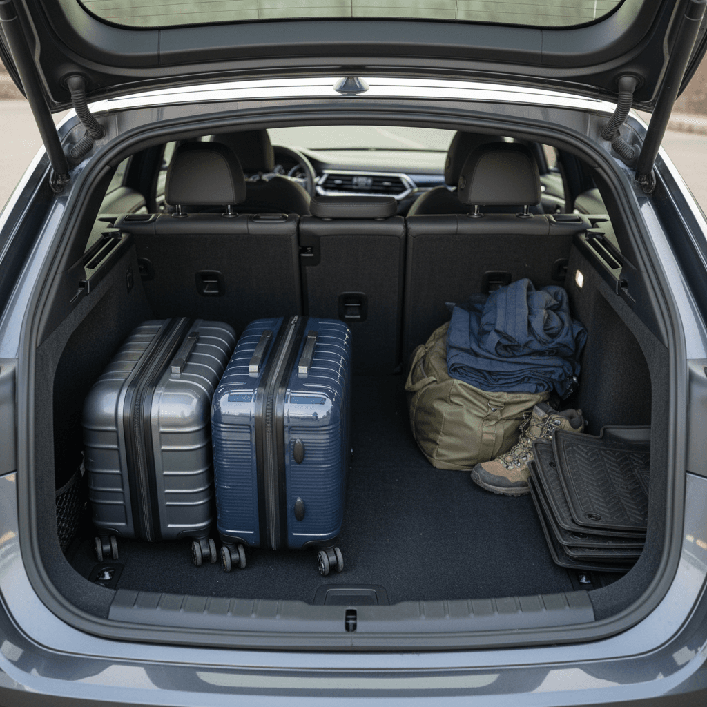 BMW i4 rear cargo area with rear seats folded showing flat load floor and luggage stacked to the roof
