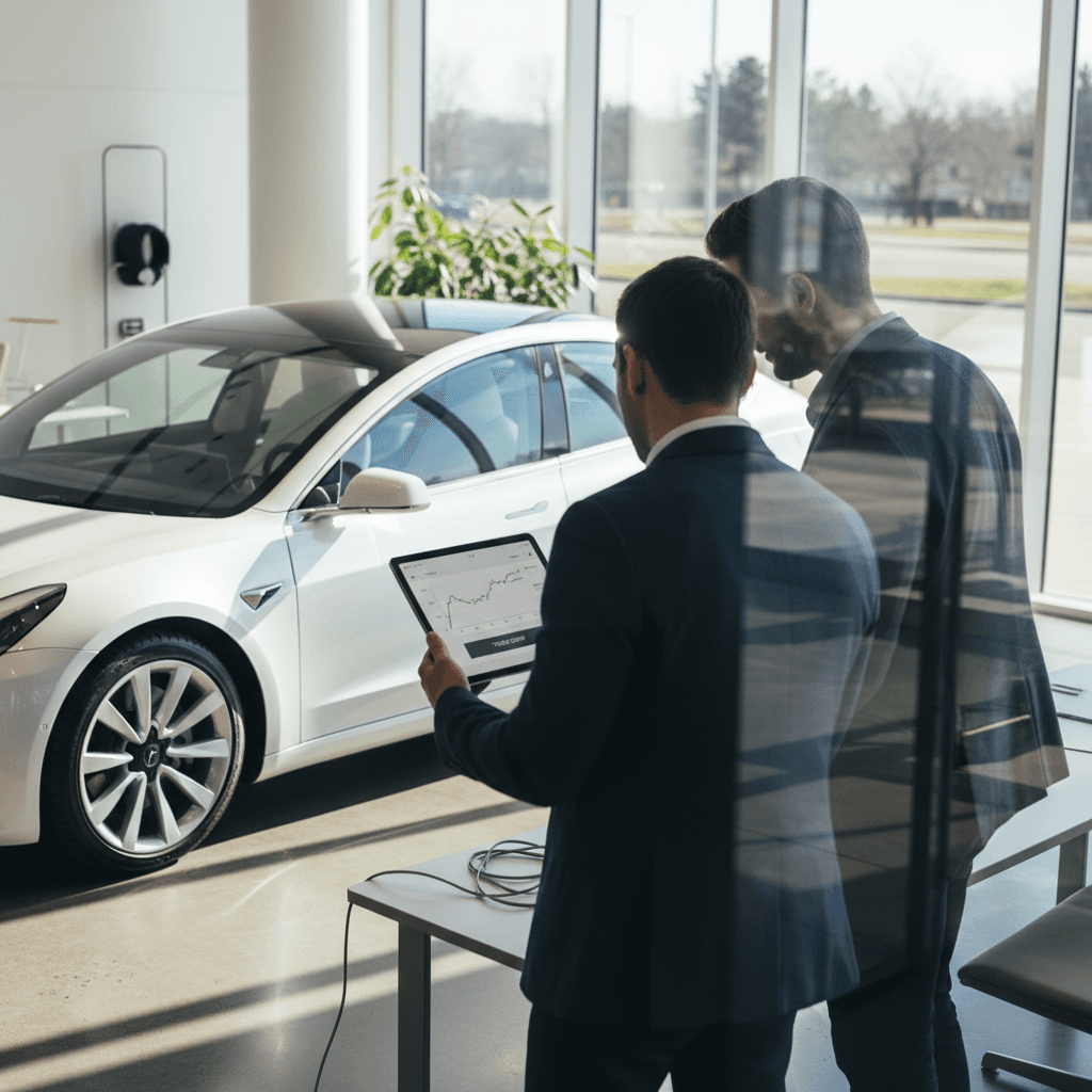 Tesla Model 3 owner reviewing a digital trade‑in appraisal with a consultant in a modern EV showroom