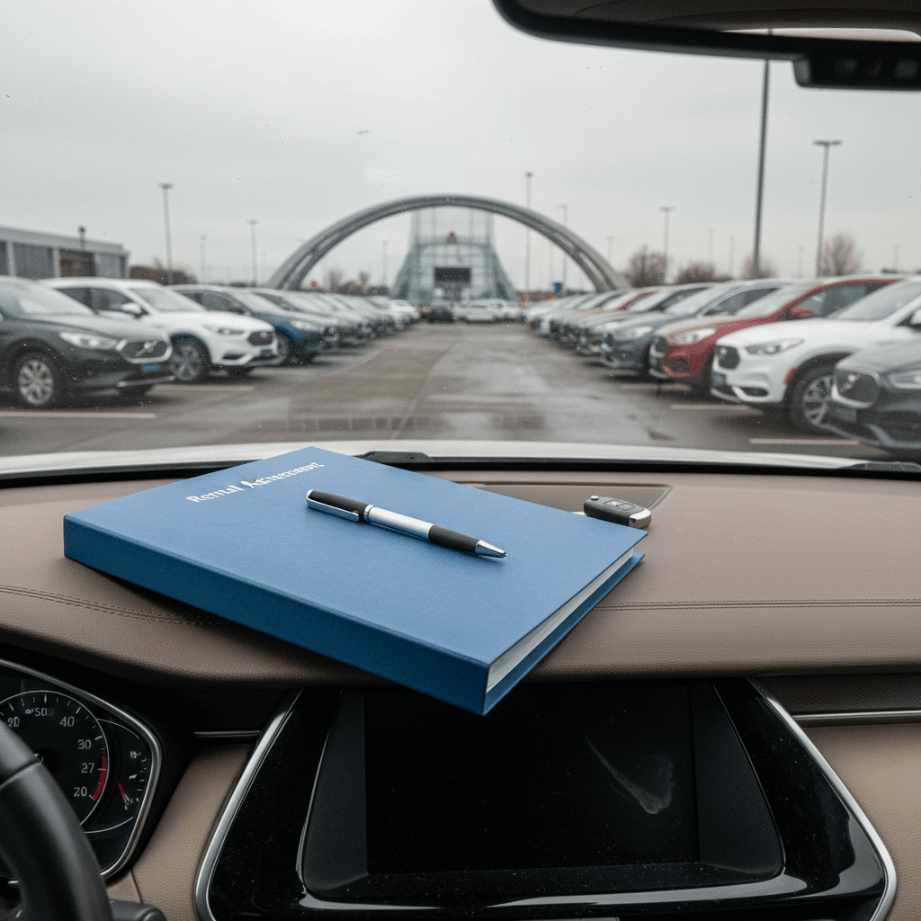 Customer receiving car keys at a dealership counter for a short-term rental