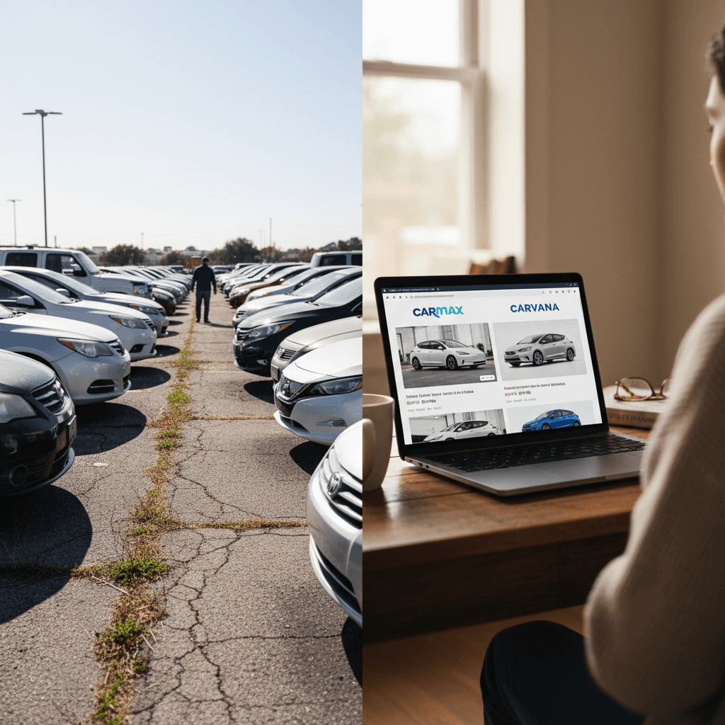 Side‑by‑side view of a used EV on a dealership lot versus a buyer reviewing a detailed online battery health report on a laptop