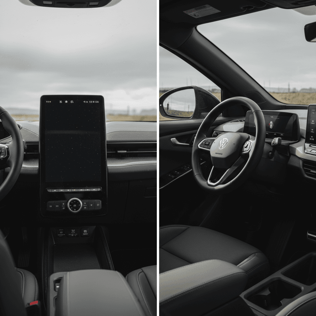 Side-by-side view of Ford Mustang Mach-E and Volkswagen ID.4 interiors showcasing space and seating