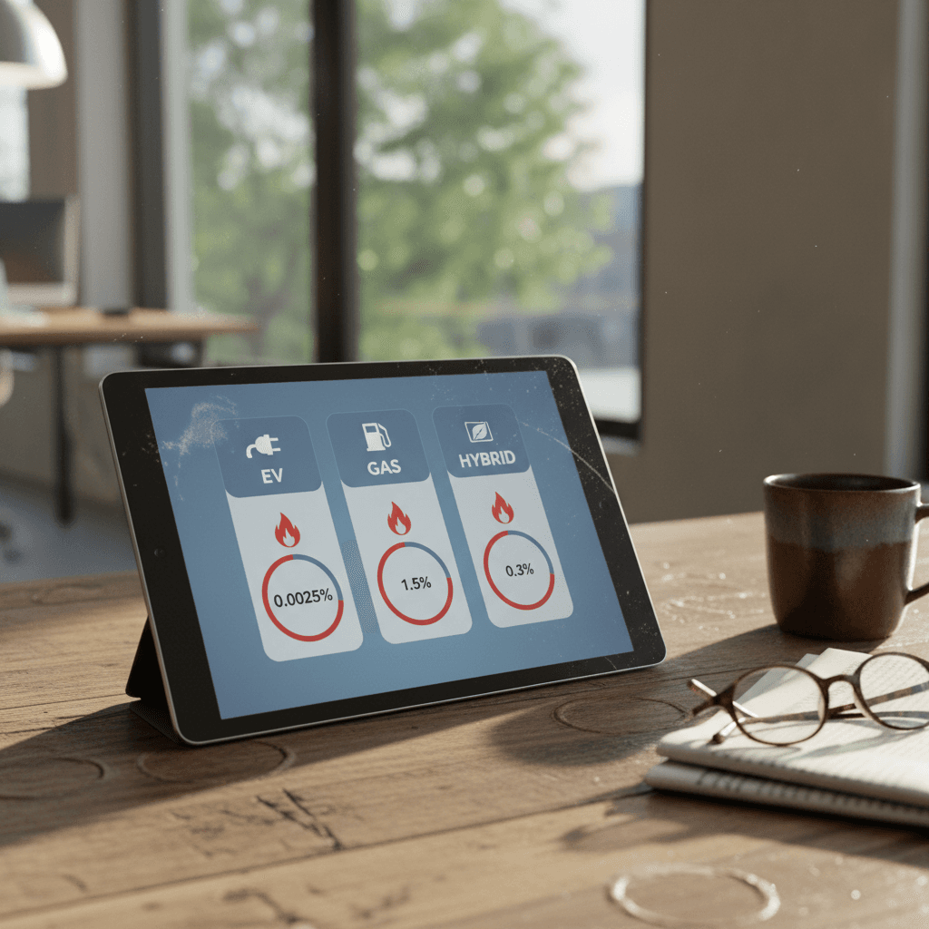 Infographic comparing EV, gas and hybrid car fire rates per 100,000 vehicles with icons and percentages