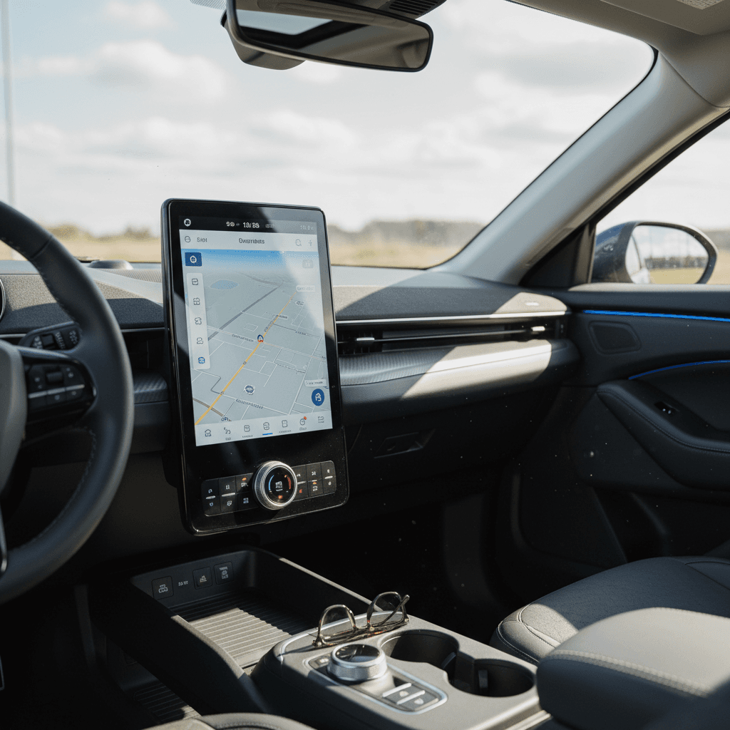 Interior of a 2024 Ford Mustang Mach-E showing large portrait touchscreen and ambient lighting in a modern cabin