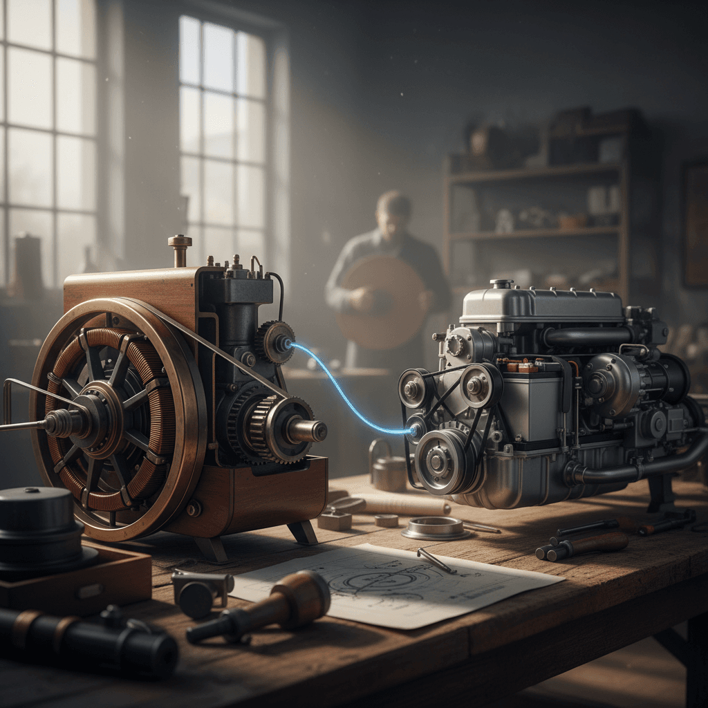 Early 1900s vintage car in a museum, similar to the first Lohner-Porsche hybrid
