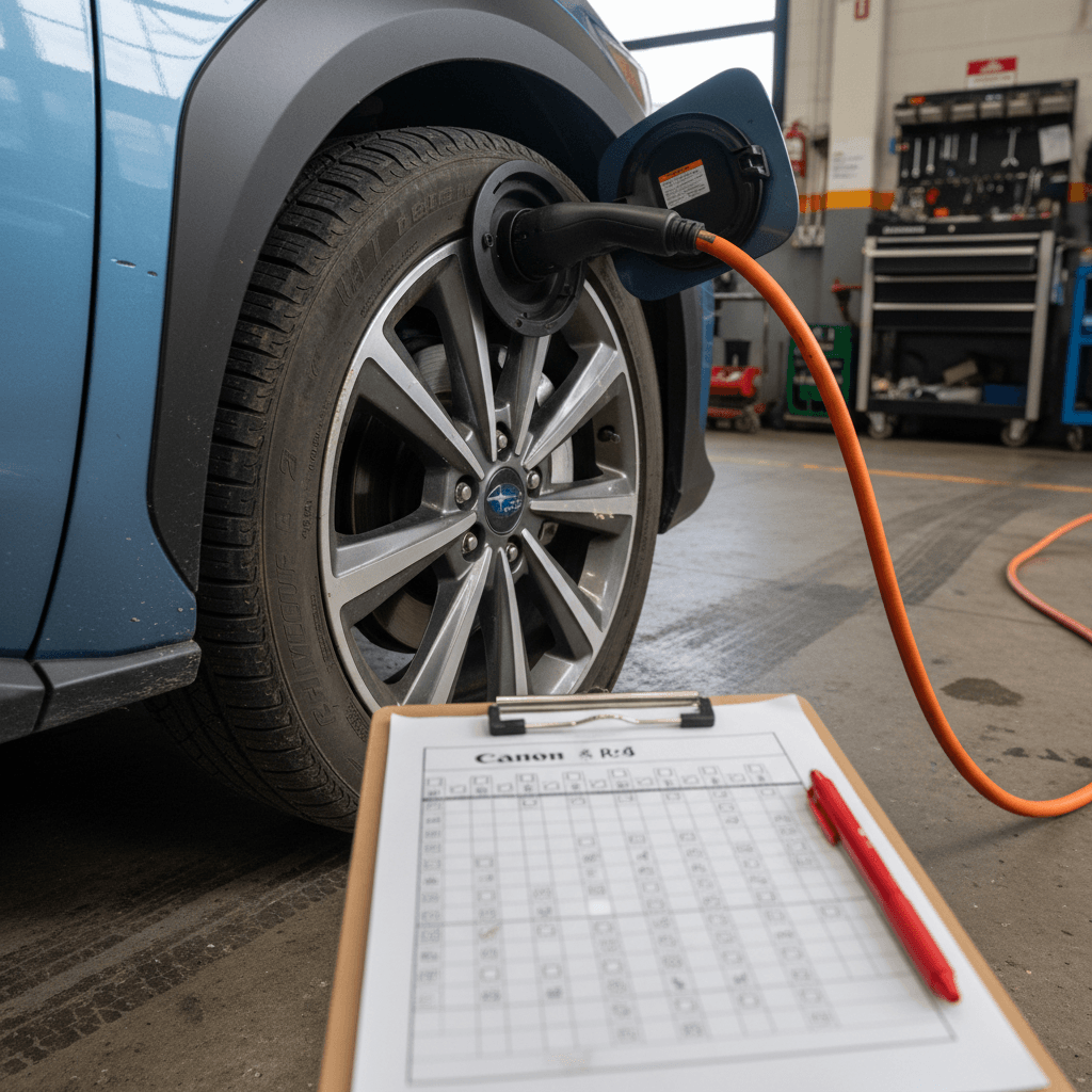 Technician inspecting a Subaru Solterra wheel and charge port during a recall service visit