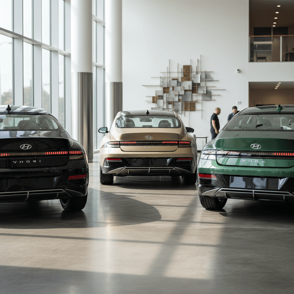 Three Hyundai IONIQ 6 sedans in SE, SEL, and Limited trims parked side by side for comparison