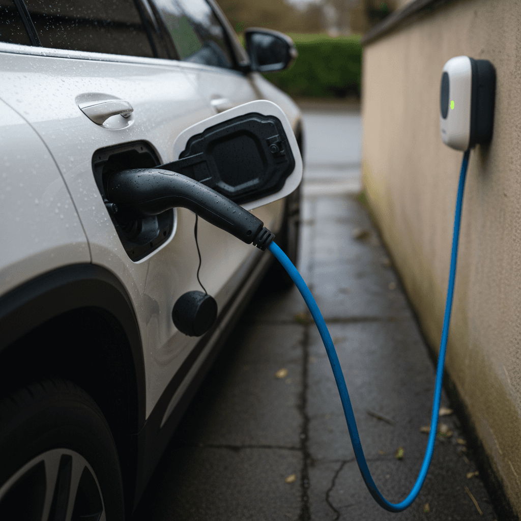 Mercedes EQB plugged into a home wall charger, with the charging cable connected near the taillight