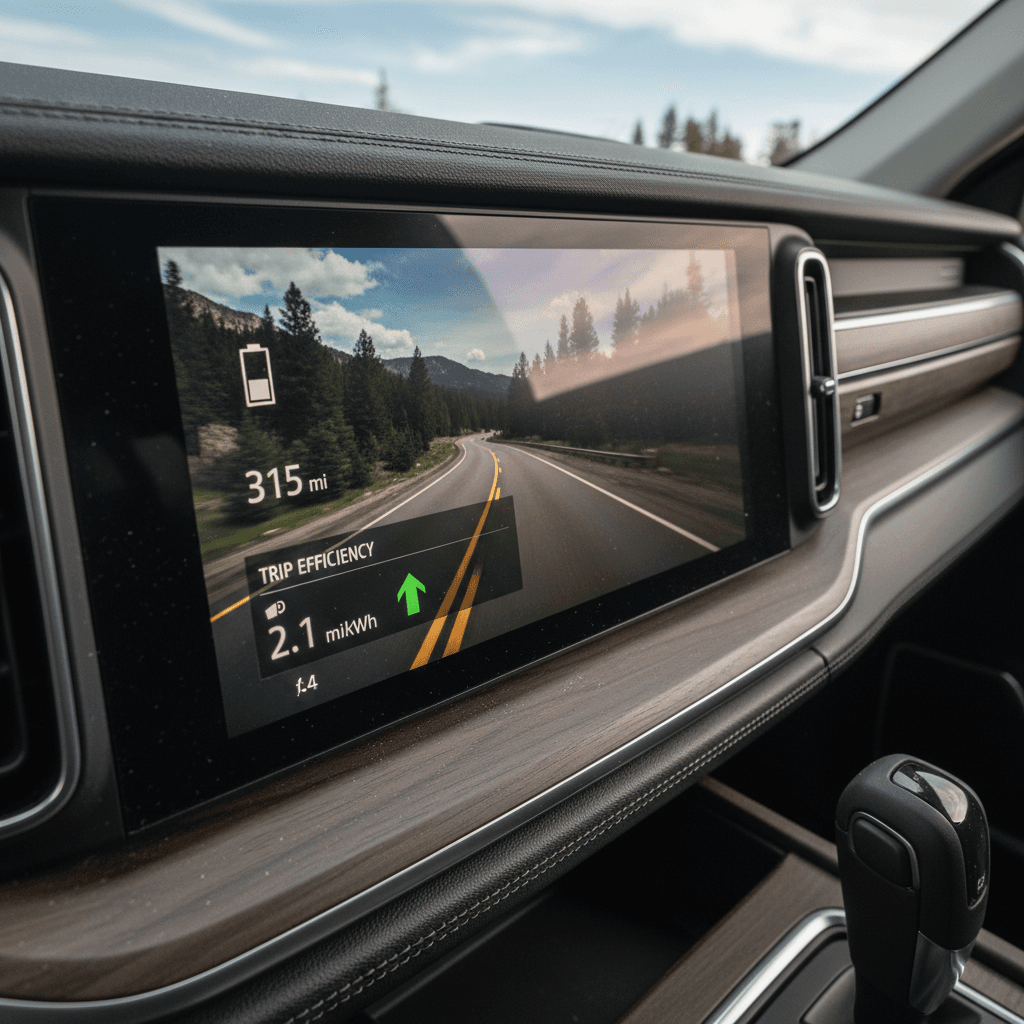 Rivian R1S interior display showing state of charge and estimated remaining range during a drive