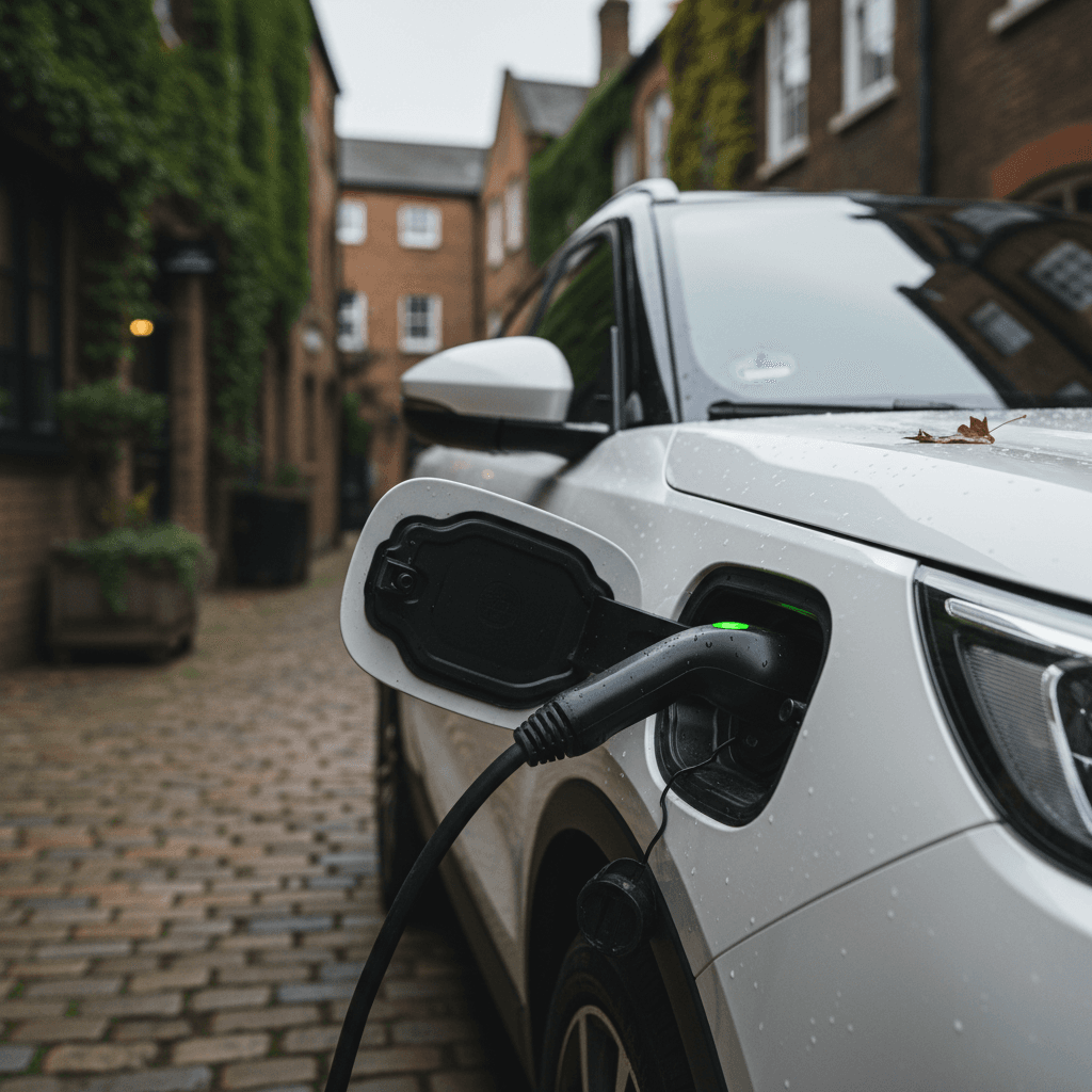 Compact plug in hybrid SUV parked on a city street charging at a curbside station