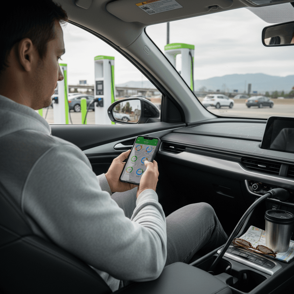 Driver checking multiple EV charging apps while plugged into a highway fast charger