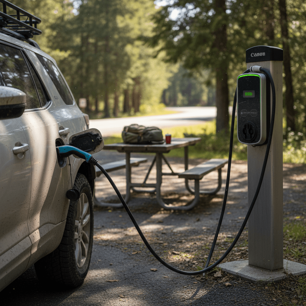 Electric vehicles charging in a shopping mall parking lot with multiple Level 2 stations