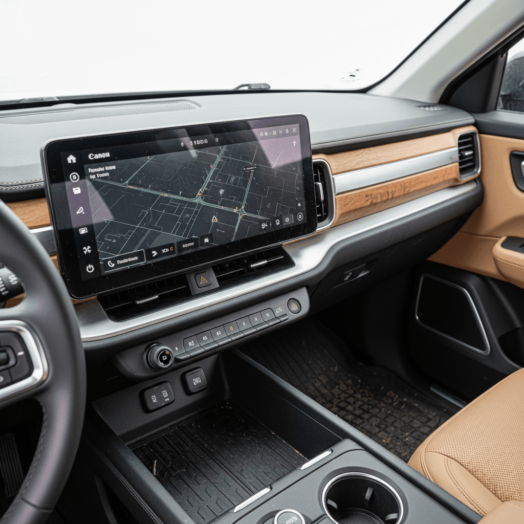 Rivian R1T interior highlighting the large center touchscreen used to control off-road, towing and charging settings