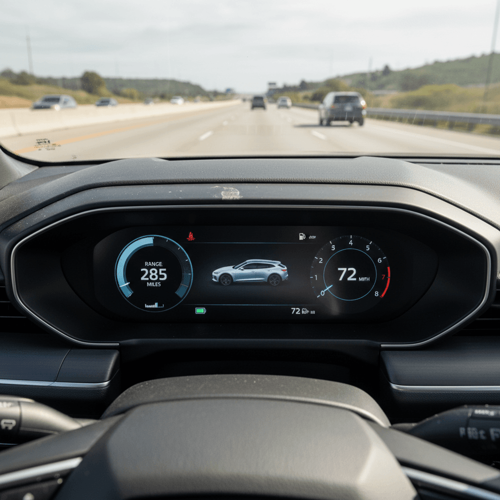 Ford Mustang Mach-E instrument cluster showing highway speed and remaining range on a cold day