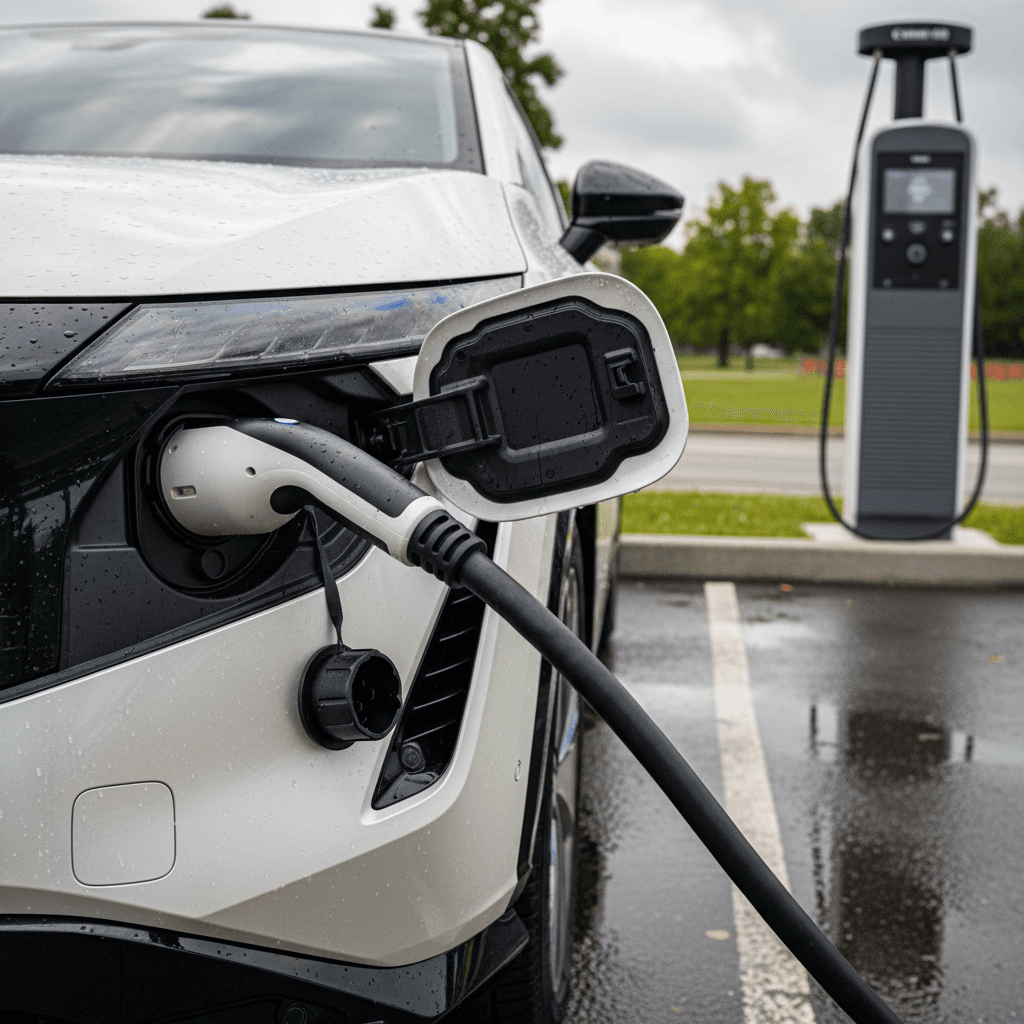 2024 Nissan Ariya charging at a public DC fast charger, showing the front three-quarter view and charge port
