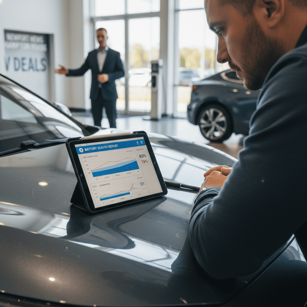 Shopper and EV specialist reviewing a digital battery health report next to a used electric vehicle in a showroom.