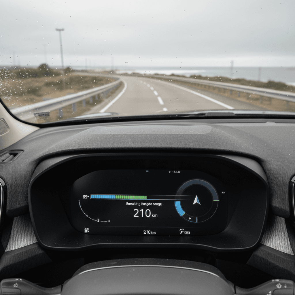 Digital gauge cluster of a 2024 Volvo XC40 Recharge showing battery state of charge, projected remaining range, and average energy consumption during highway driving