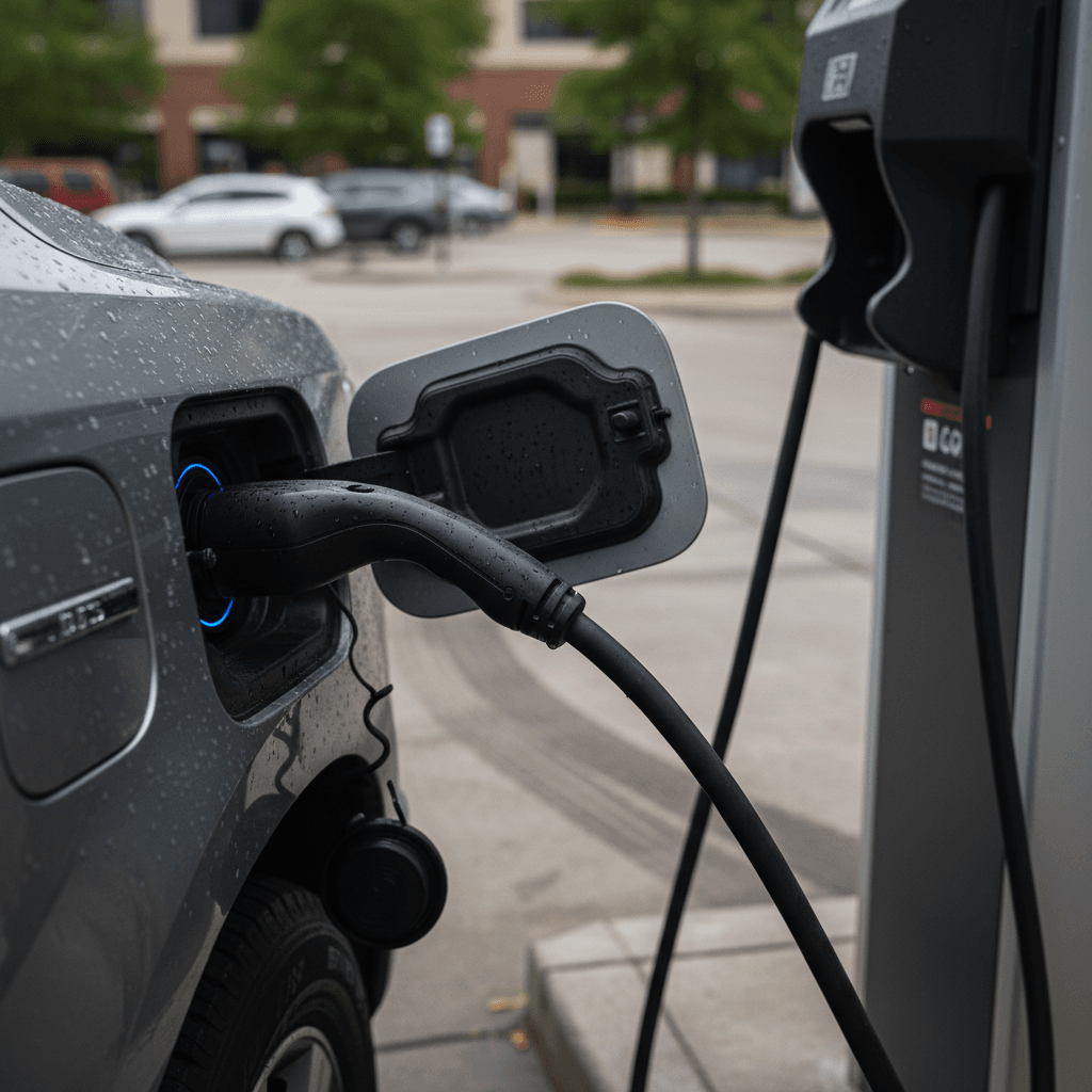 Ford F-150 Lightning charging at a public fast charging station with cables connected to the front port