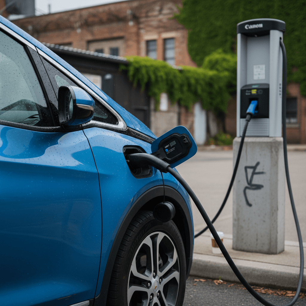 Chevy Bolt EV parked and charging at a public station in an urban setting