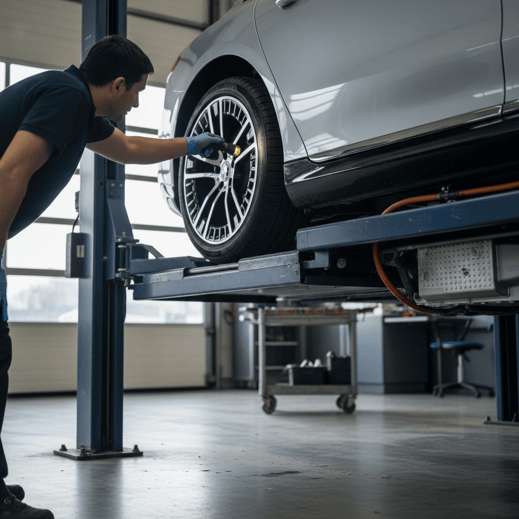 Technician inspecting the front wheel, brake, and suspension of a VW ID.4 on a lift as part of routine maintenance