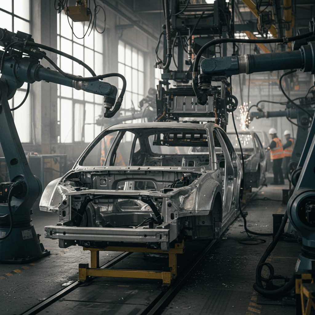 Modern car factory with electric vehicles moving down an automated assembly line