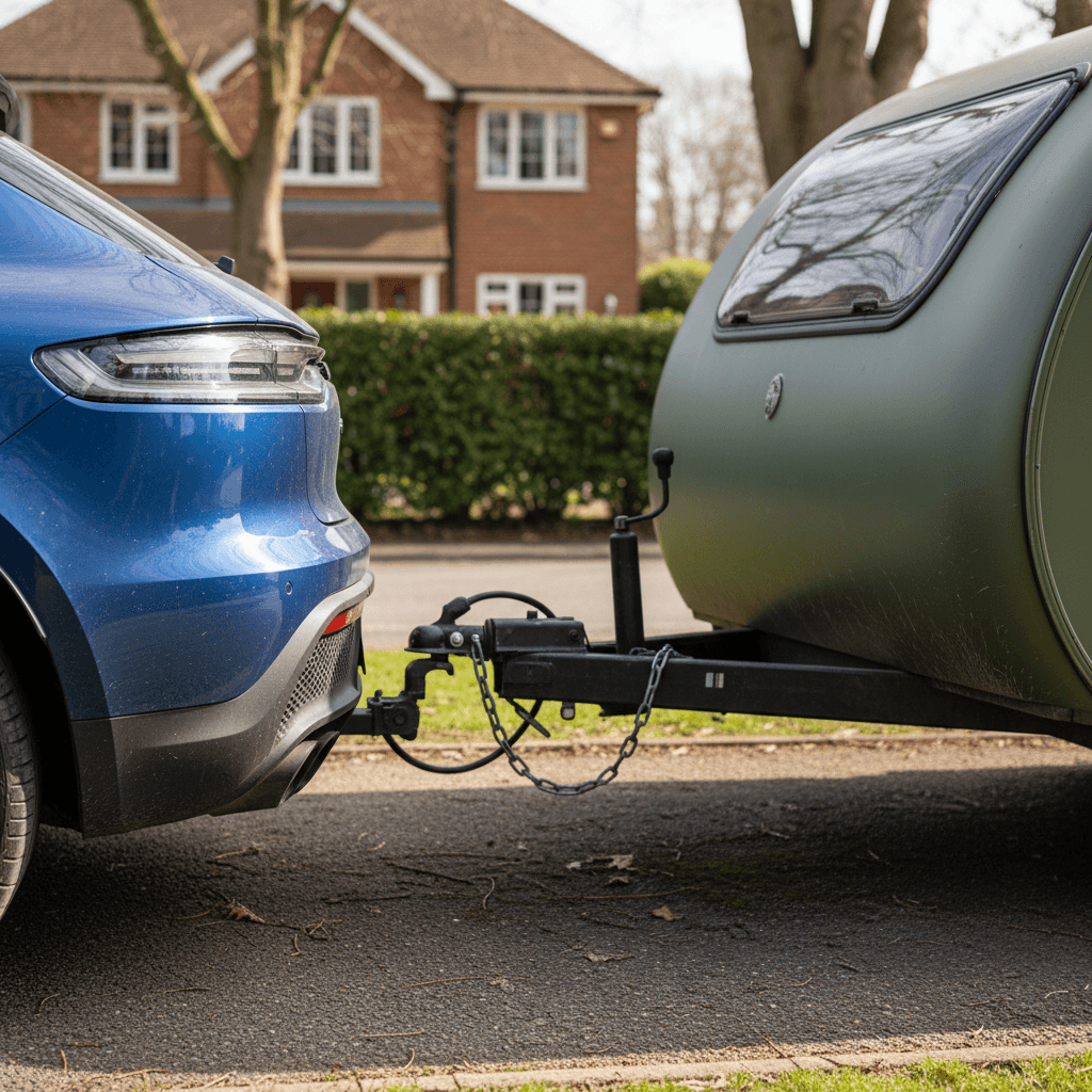 Porsche Macan Electric backed up to a compact camper trailer on a suburban driveway, showing the tow hitch connection