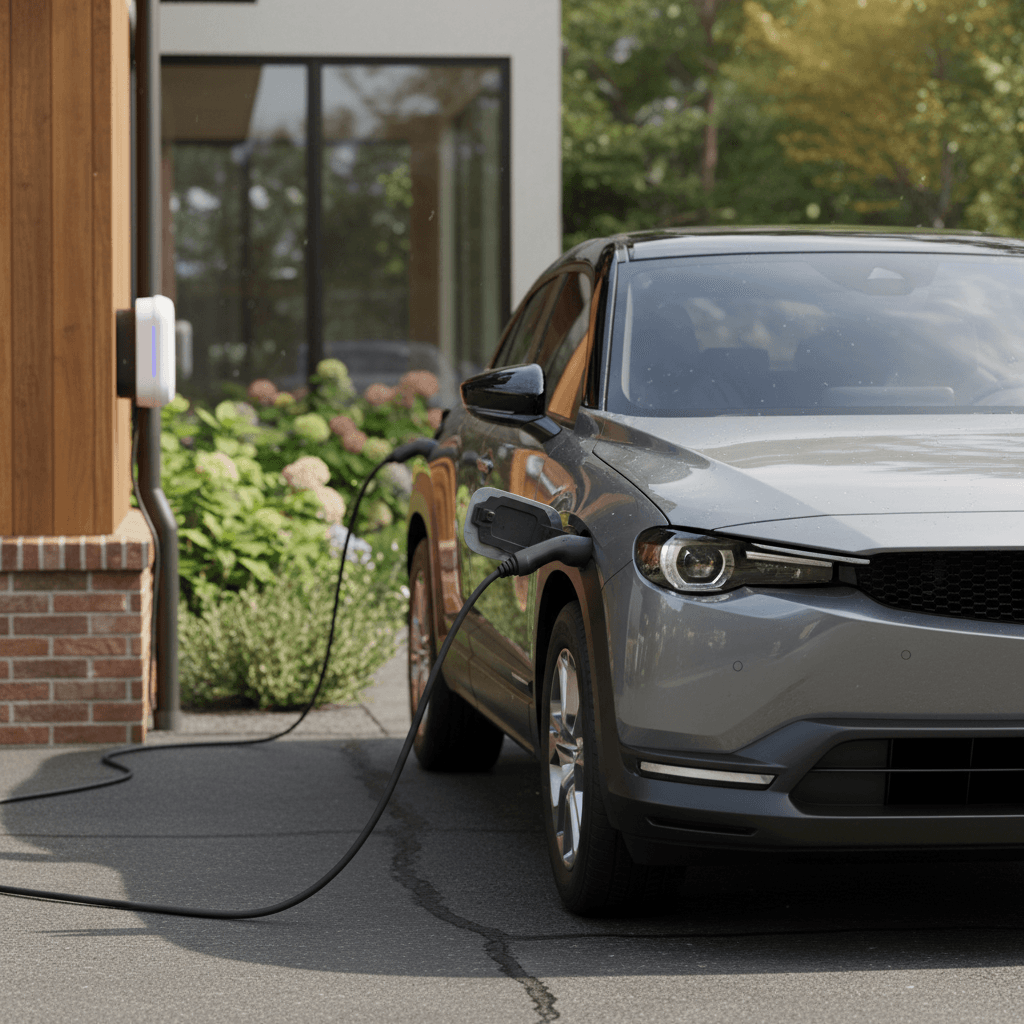 2022 Mazda MX-30 plugged into a home Level 2 charger in a residential driveway