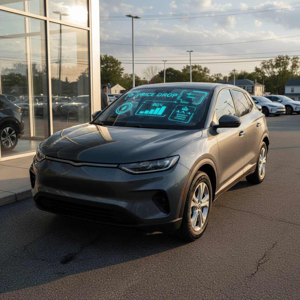 Used electric car on a dealer lot with an overlay showing a price drop and a strong battery health score