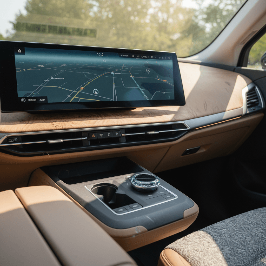 Minimalist, bright interior of a 2024 BMW iX with curved dashboard display and light upholstery