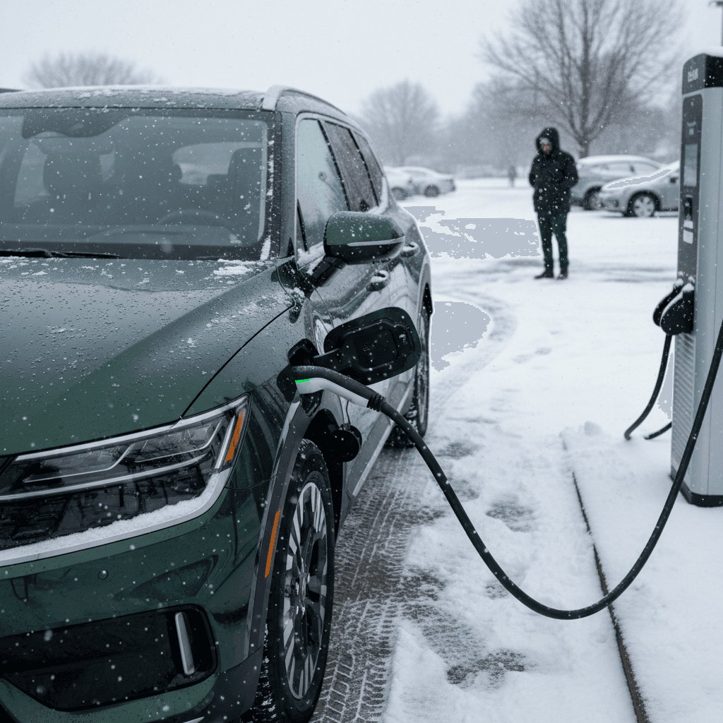 Kia EV9 charging at a public DC fast charger in a snowy parking lot