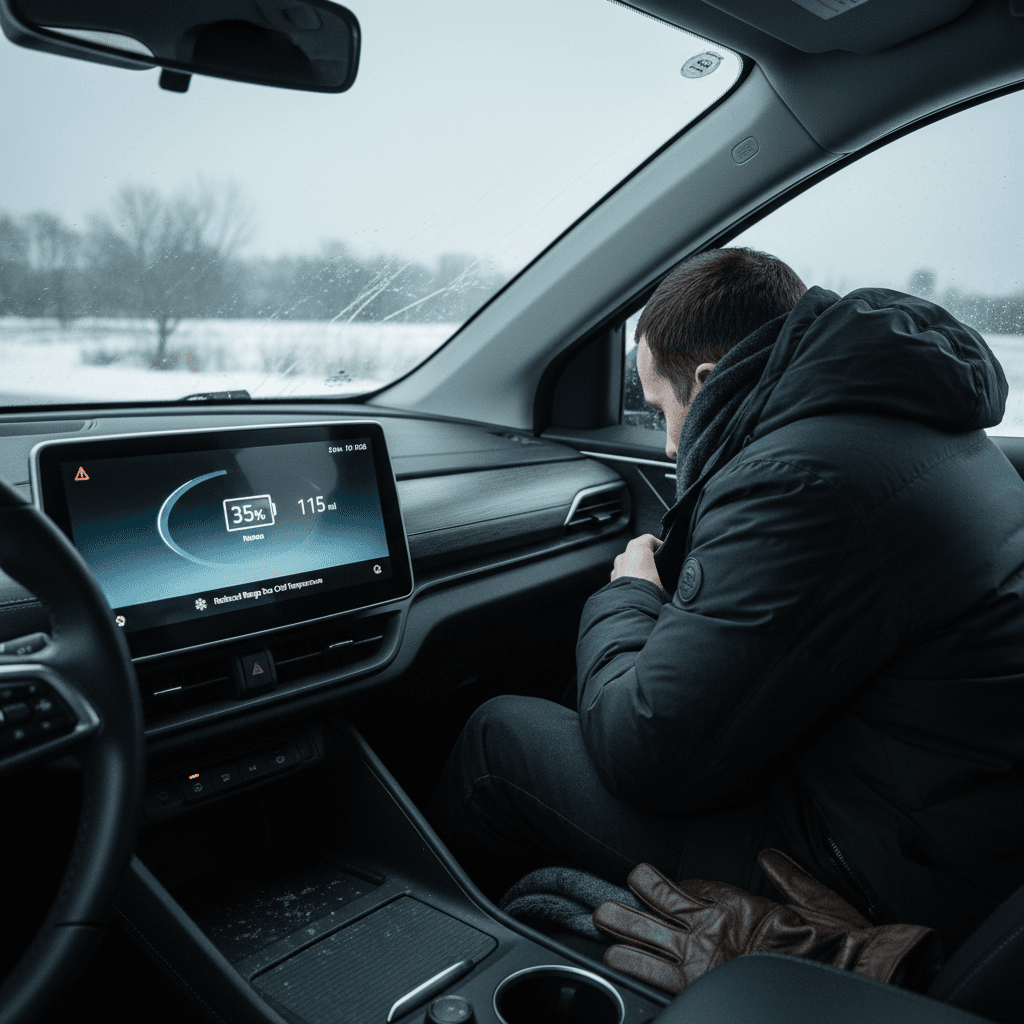 EV driver in winter clothing looking at the car’s range estimate dropping on a digital dashboard