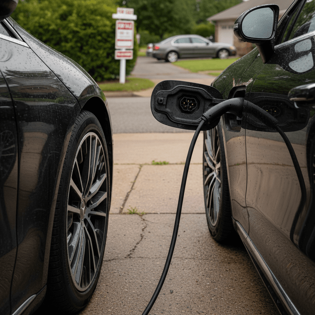 Mercedes EQS charging at home with for sale sign nearby, illustrating timing a sale around charging and ownership needs