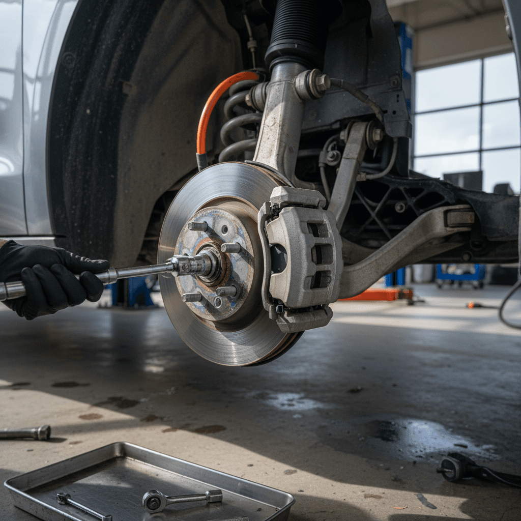 Technician inspecting an electric vehicle wheel and brakes on a lift during Pennsylvania state safety inspection