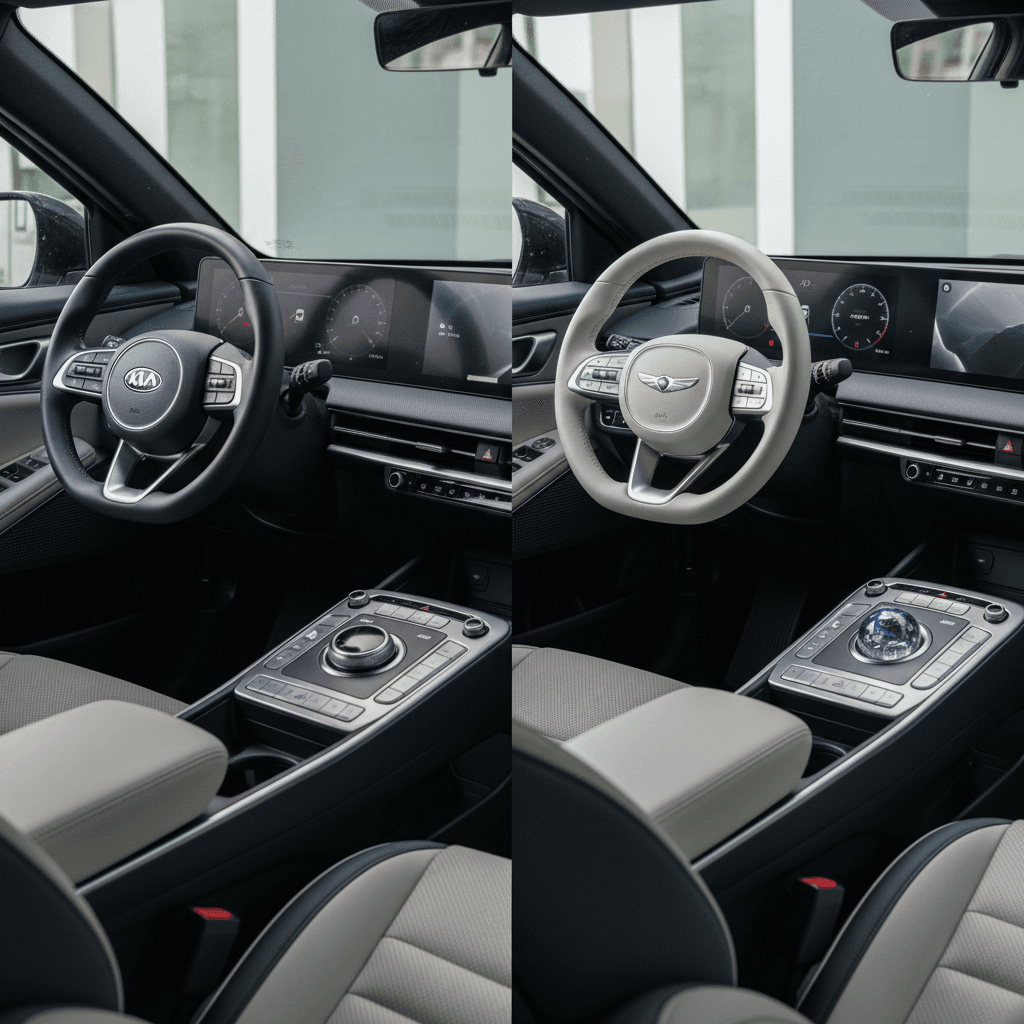 Side by side interiors of Kia EV6 and Genesis GV60 showing different dashboard designs and screens