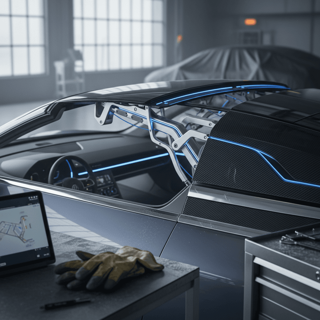 Low two-door electric sports coupe parked on a coastal road