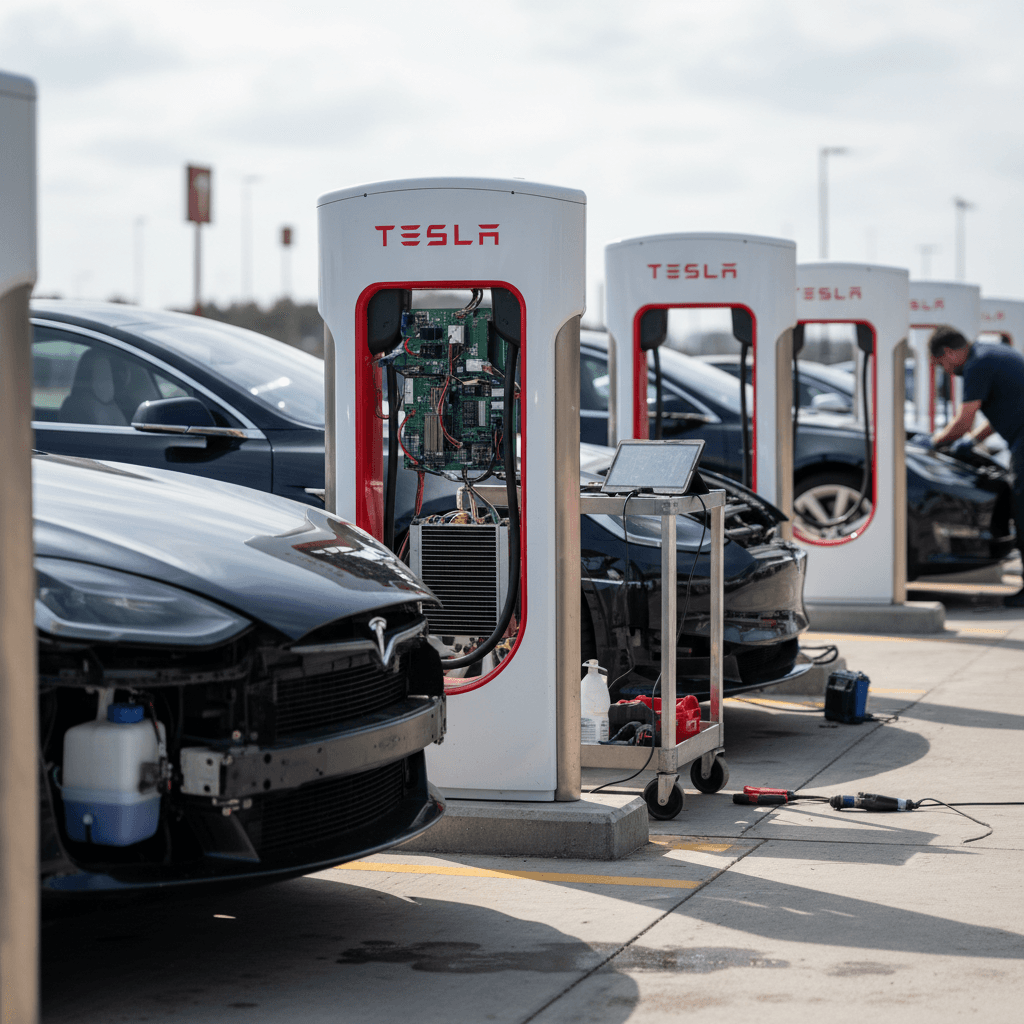 Technician working on an electric car body panel in a repair shop