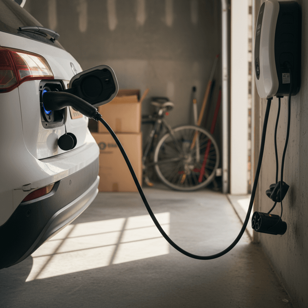 Compact electric car plugged into a public charging station on a city street