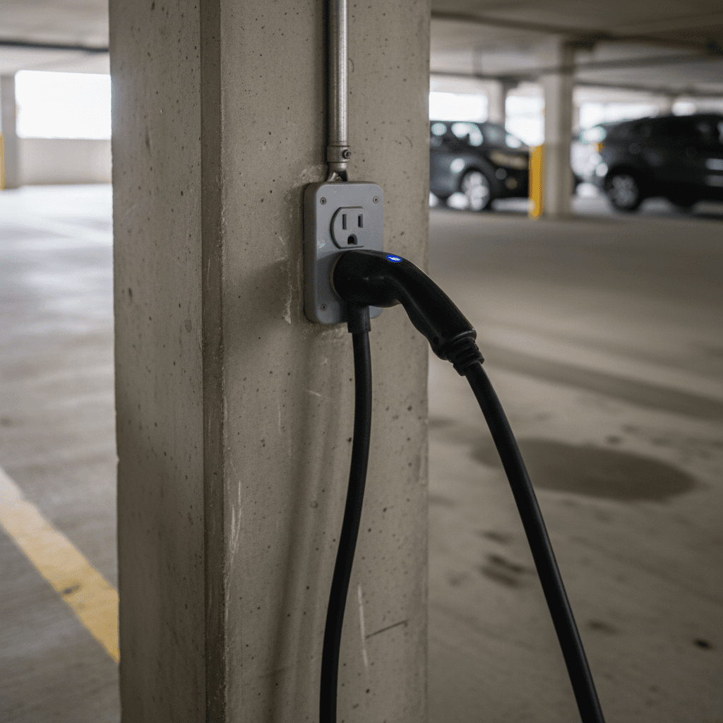 Electric car plugged into wall outlet in hotel parking garage using portable Level 1 charger