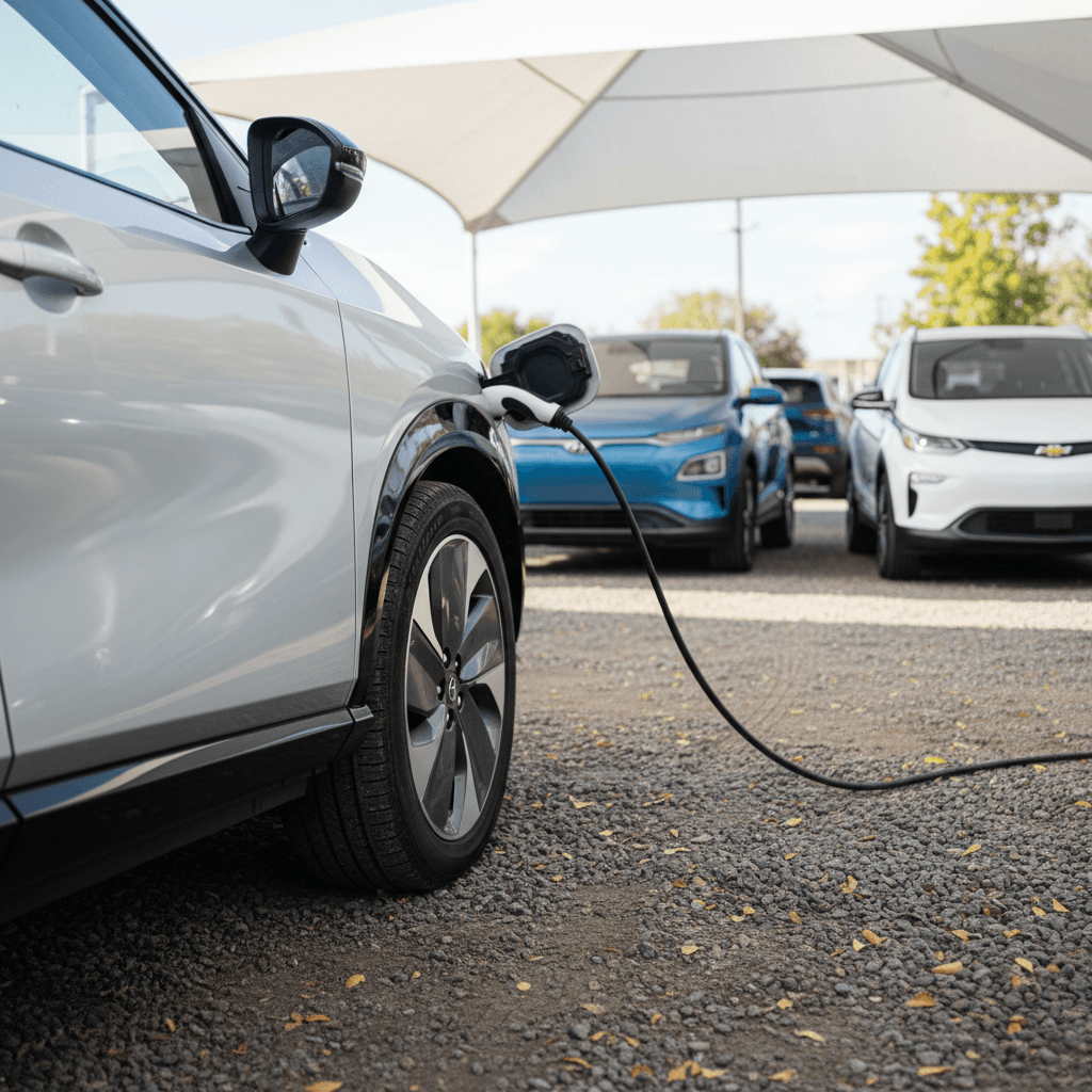 Shopper walking between rows of small used SUVs at a dealership lot