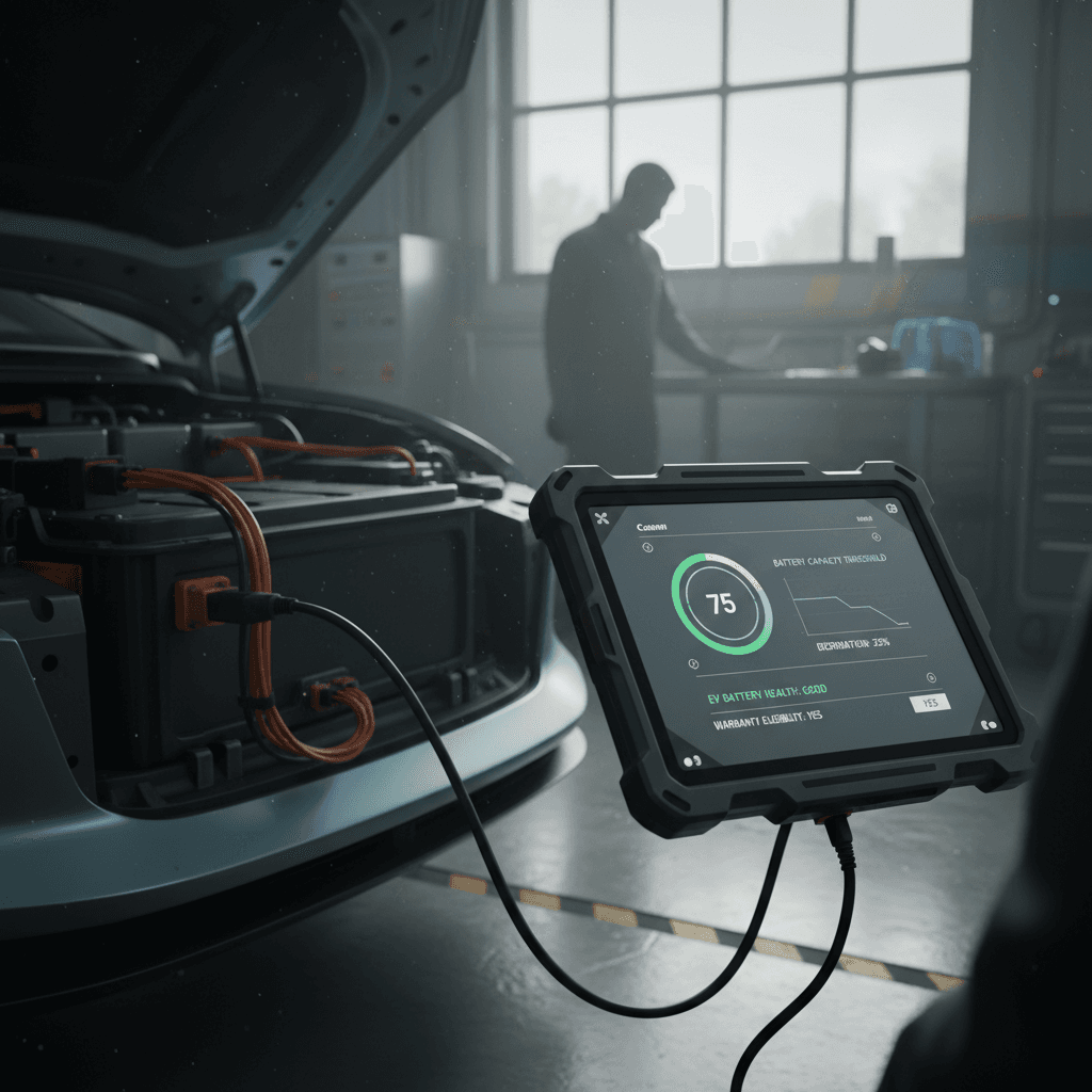 Home‑charged electric vehicle in a driveway while owner reviews EV battery warranty terms on a tablet