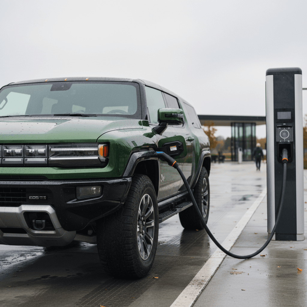2024 GMC Hummer EV SUV plugged into a DC fast charger at a modern highway charging station