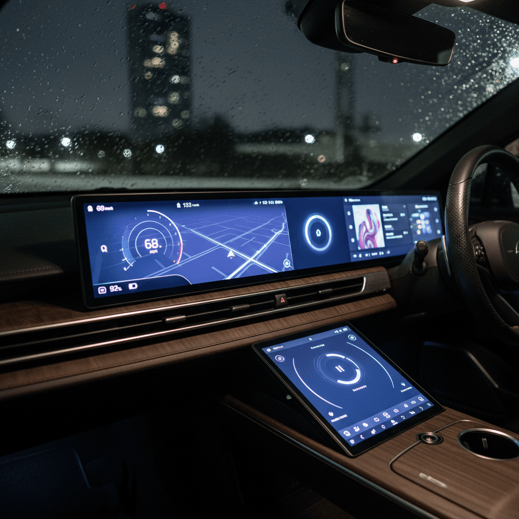 View of a Lucid Air-style digital dashboard and center screens while parked at night