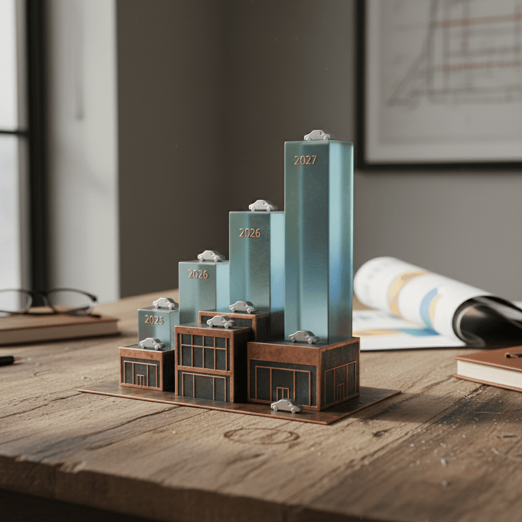 Illustrated bar chart showing rising volumes of EV lease returns in 2025, 2026, and 2027 to represent the bulk expiration wave