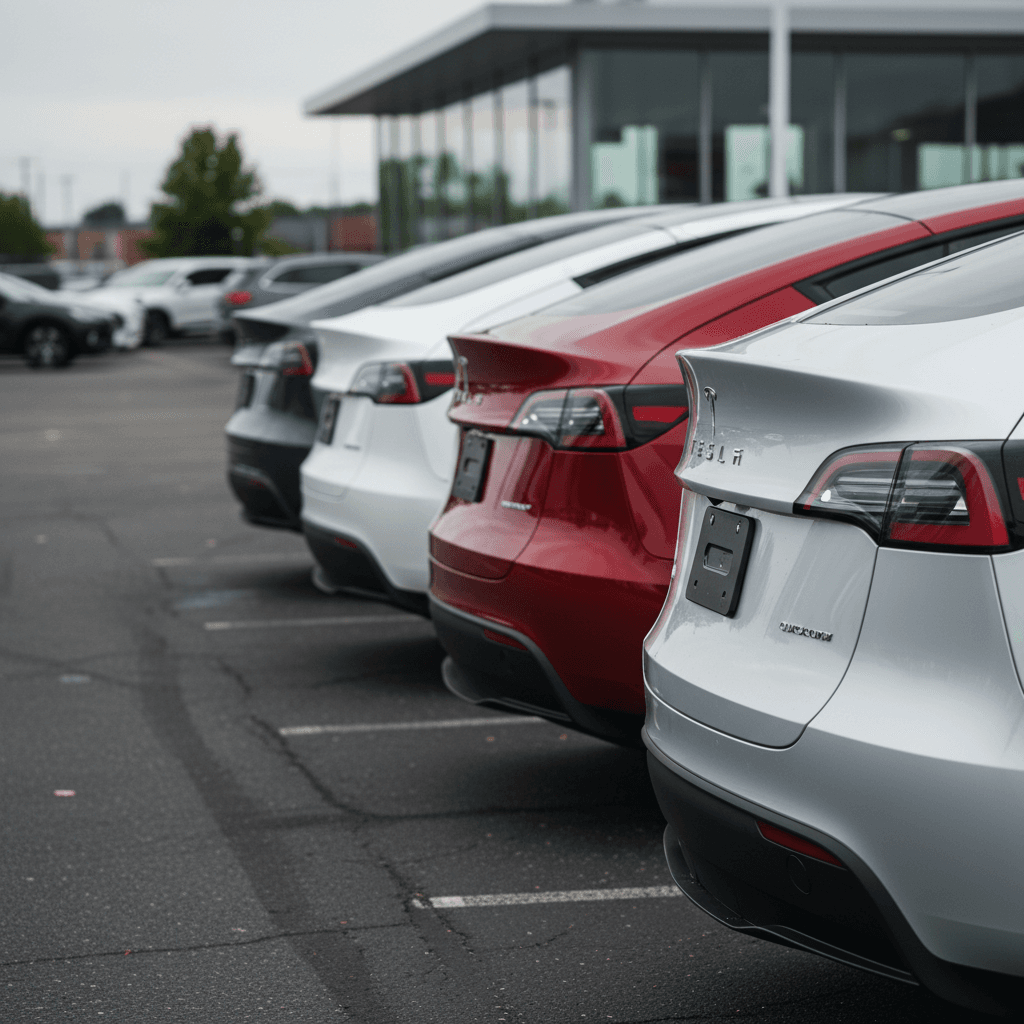 Rear three-quarter view of several Tesla Model Ys in Stealth Grey, Pearl White, Ultra Red, and Quicksilver parked in a row