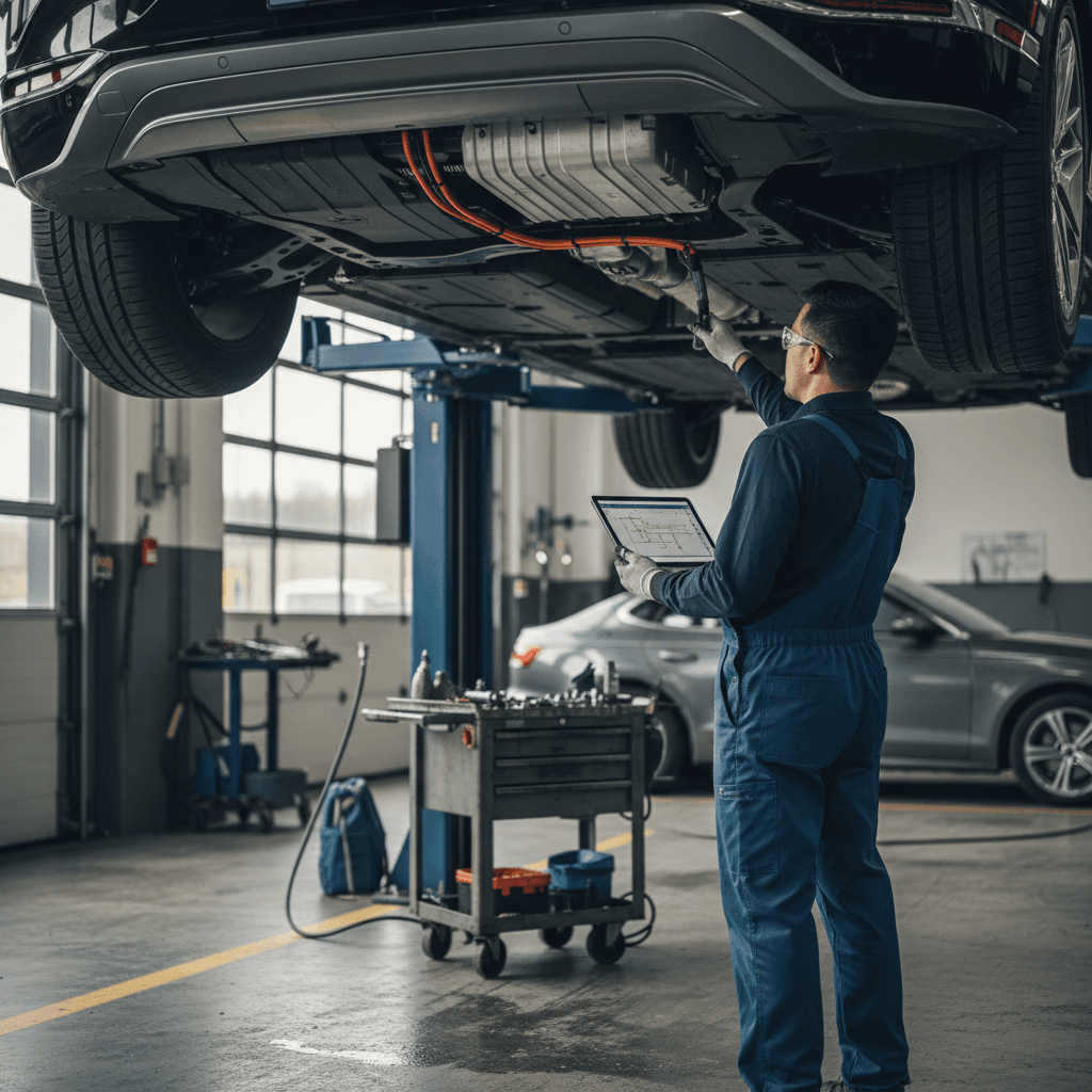 Technician performing a high-voltage system inspection on a Genesis GV60 in a service bay
