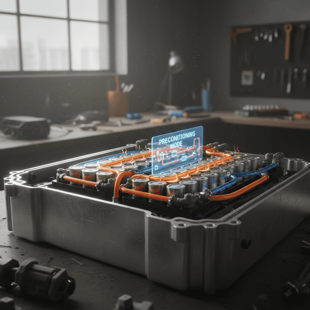Diagram of an EV battery pack showing coolant loops and heating elements during preconditioning