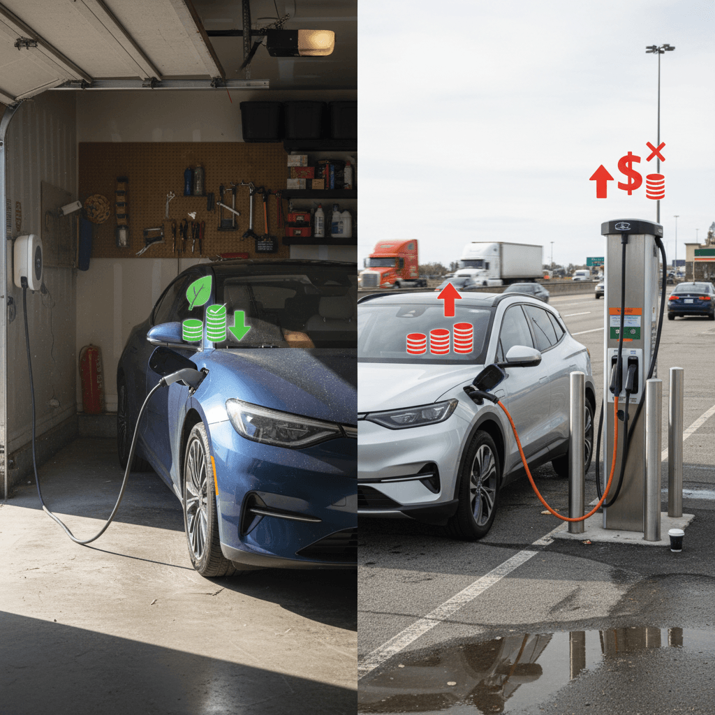 Side‑by‑side illustration of an electric car charging at home in a quiet garage versus at a busy highway fast charging station with price icons above each.