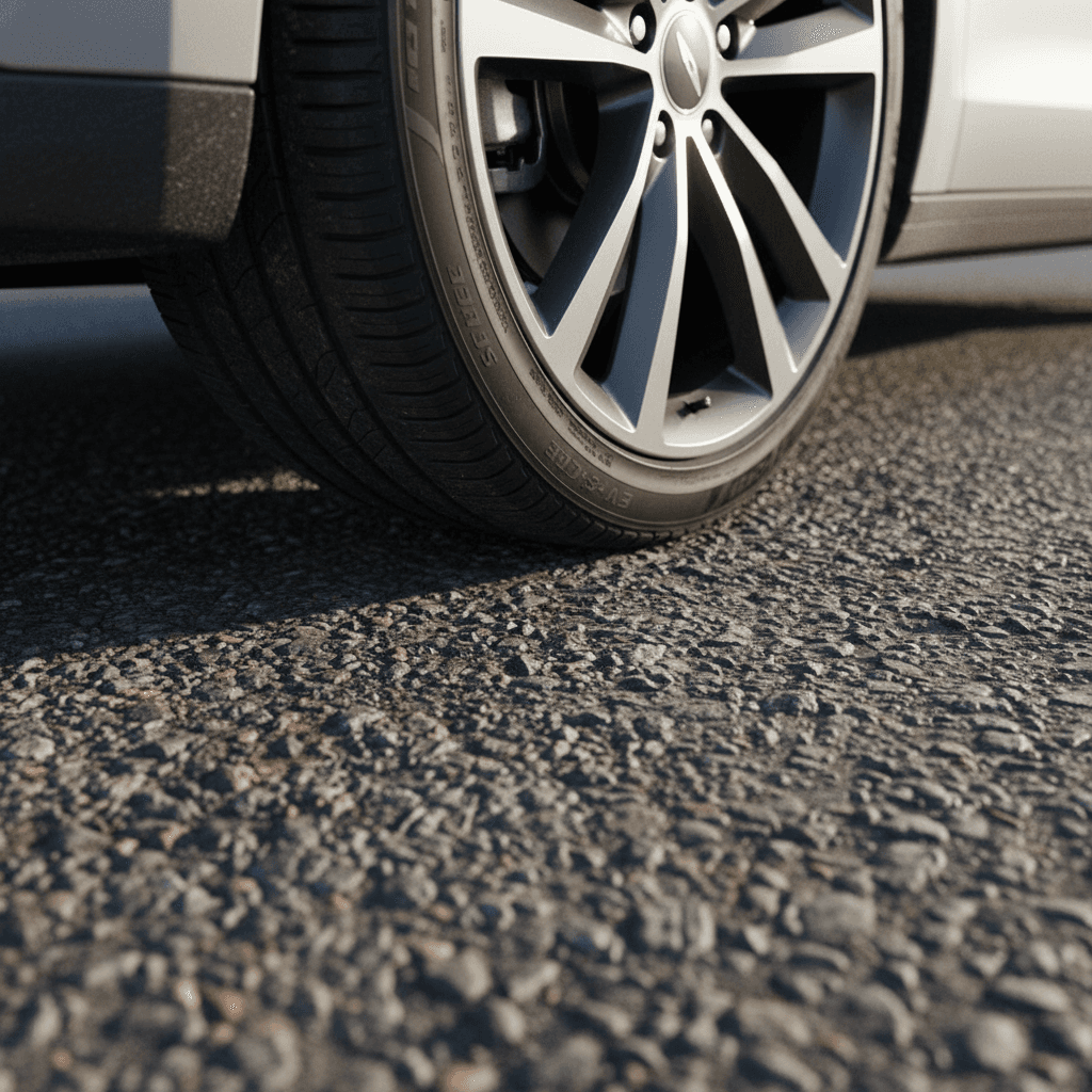 Electric car wheel and tire on coarse asphalt that can generate significant road noise in the cabin