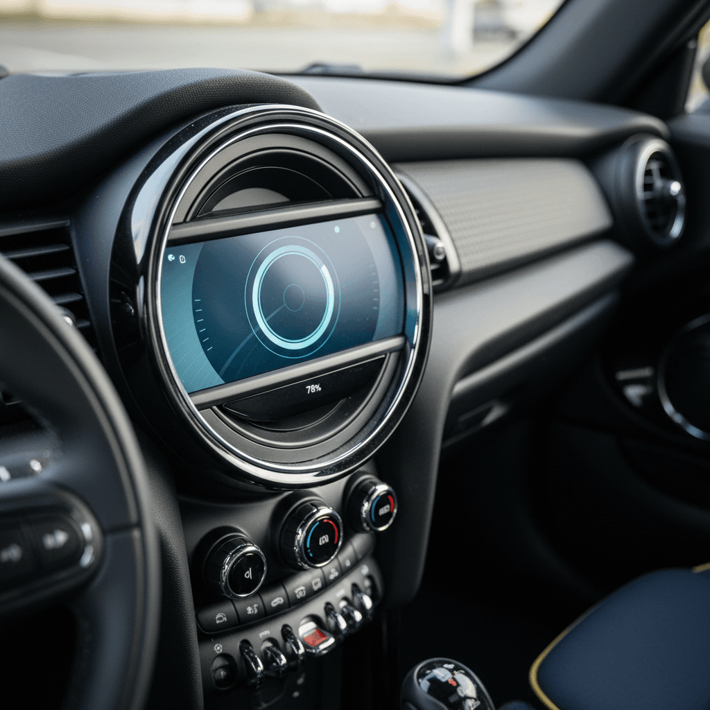 Interior of a 2025 Mini Cooper Electric showing the round Mini Interaction Unit OLED display while a software update installs